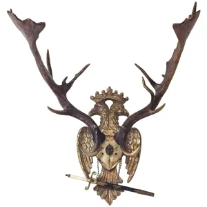 Imperial Russian Fallow Trophy on Hand Carved Gilt Plaque with Sword
