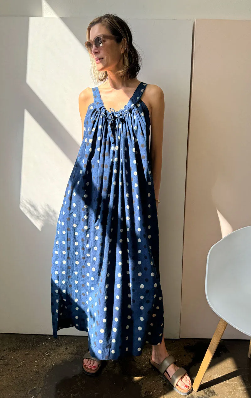 Indigo dot drawstring dress