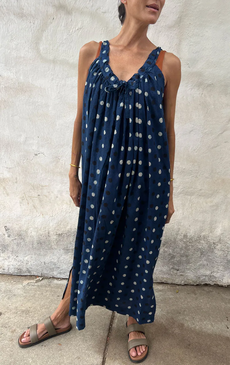 Indigo dot drawstring dress