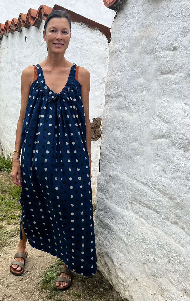 Indigo dot drawstring dress