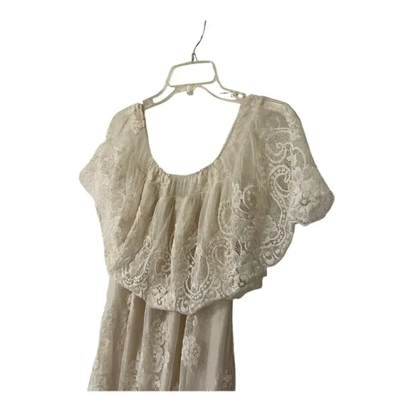 Jen’s Pirate Bootie Sheer Lace Mesh Off The Shoulder Dress in Cream Bride