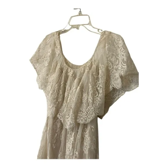 Jen’s Pirate Bootie Sheer Lace Mesh Off The Shoulder Dress in Cream Bride