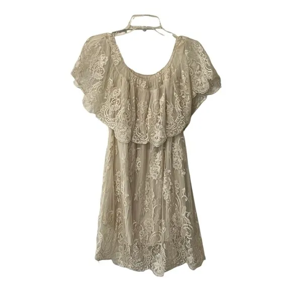 Jen’s Pirate Bootie Sheer Lace Mesh Off The Shoulder Dress in Cream Bride