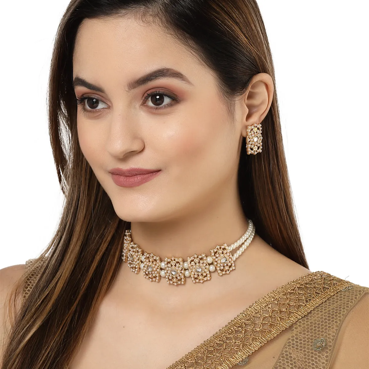 Karatcart Gold Plated Embellished Pearl Kundan Choker Necklace Setfor Women