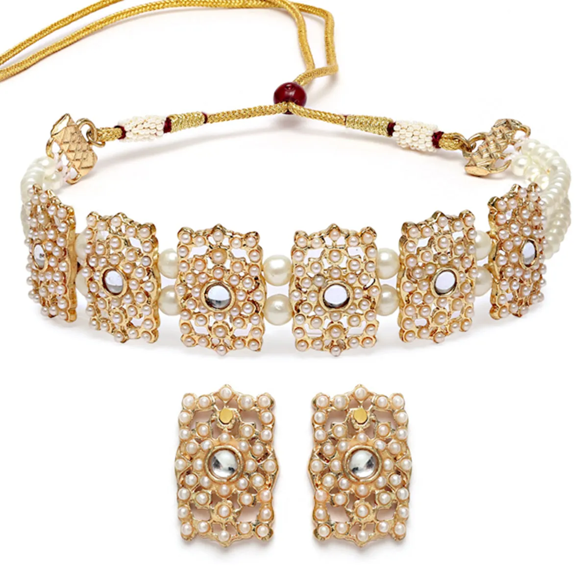 Karatcart Gold Plated Embellished Pearl Kundan Choker Necklace Setfor Women