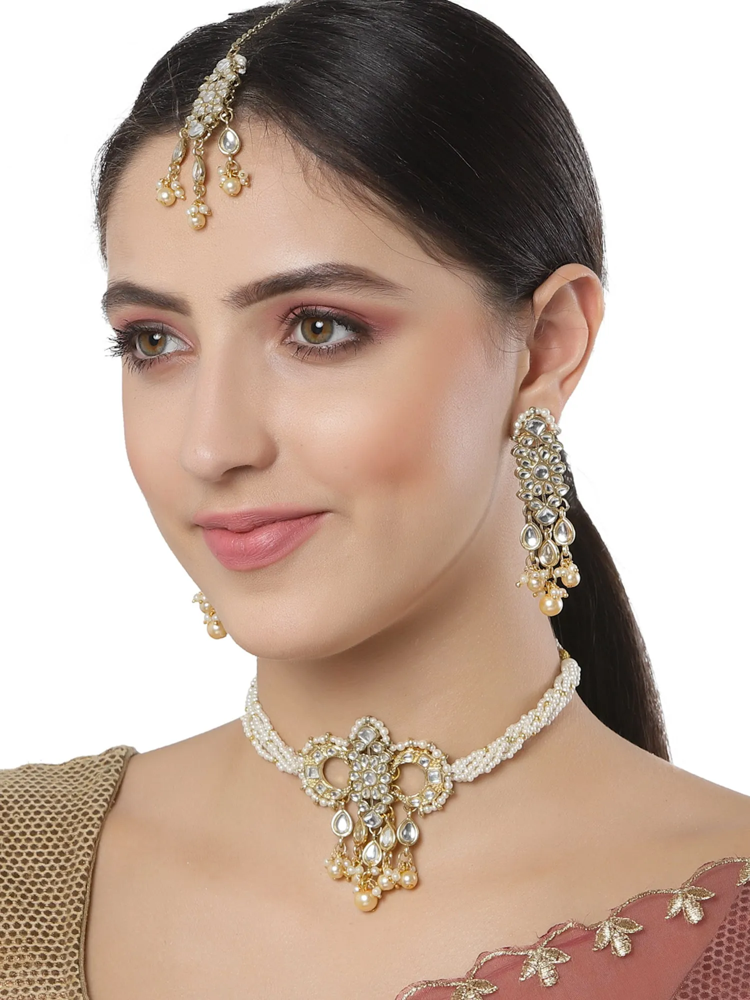 Karatcart Gold Plated Handcrafted Golden Pearl and Kundan Choker Necklace Set
