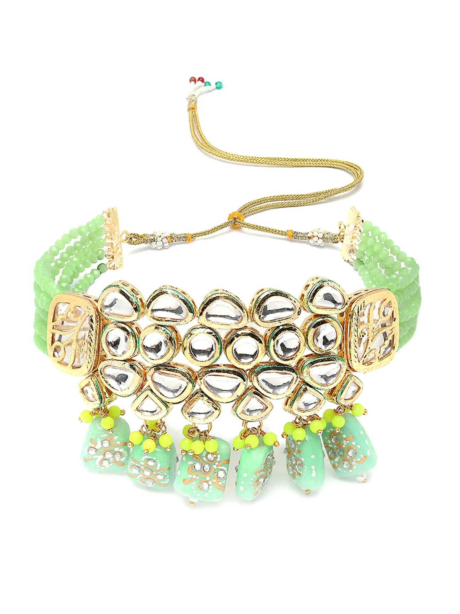 Karatcart Gold Plated Lime Green Tumble and Polki Kundan Choker Necklace Set for Women