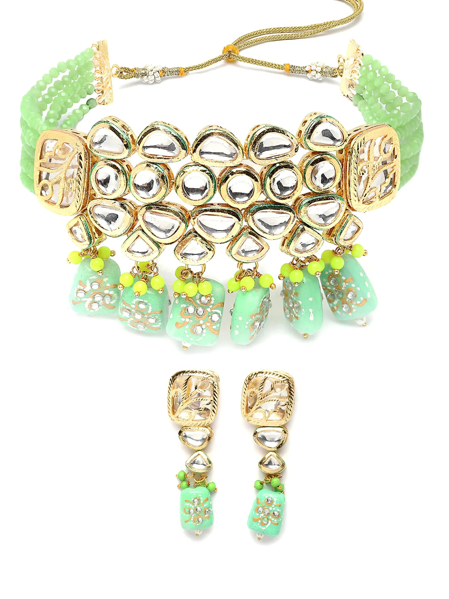 Karatcart Gold Plated Lime Green Tumble and Polki Kundan Choker Necklace Set for Women