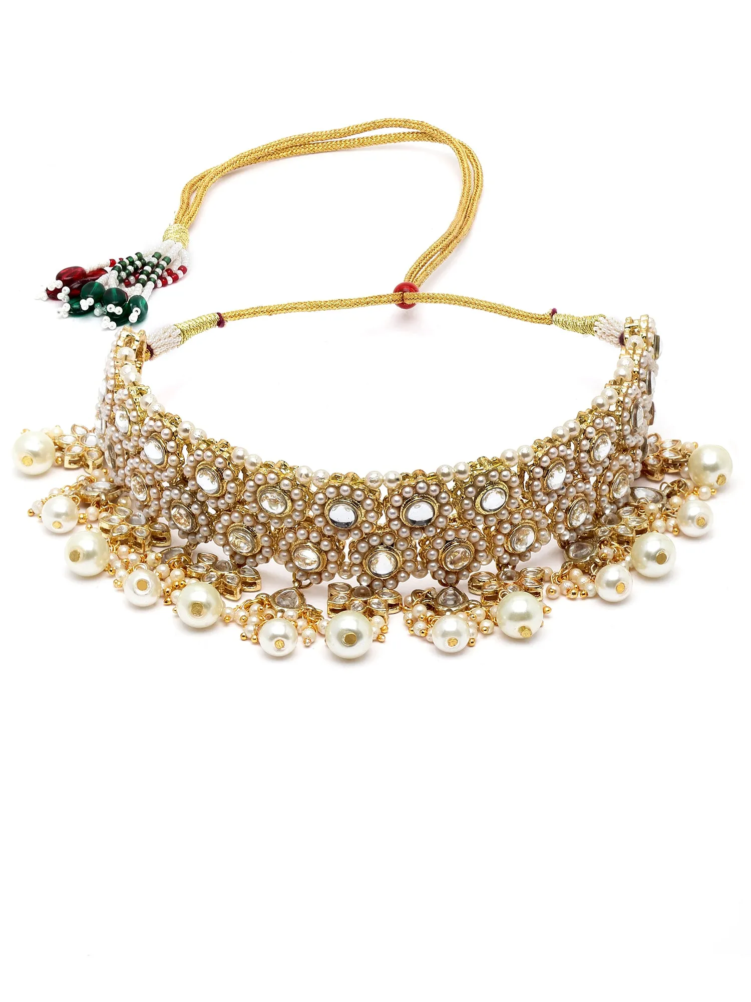 Karatcart Gold Plated Pearl and Kundan Studded Choker Necklace Set for Women
