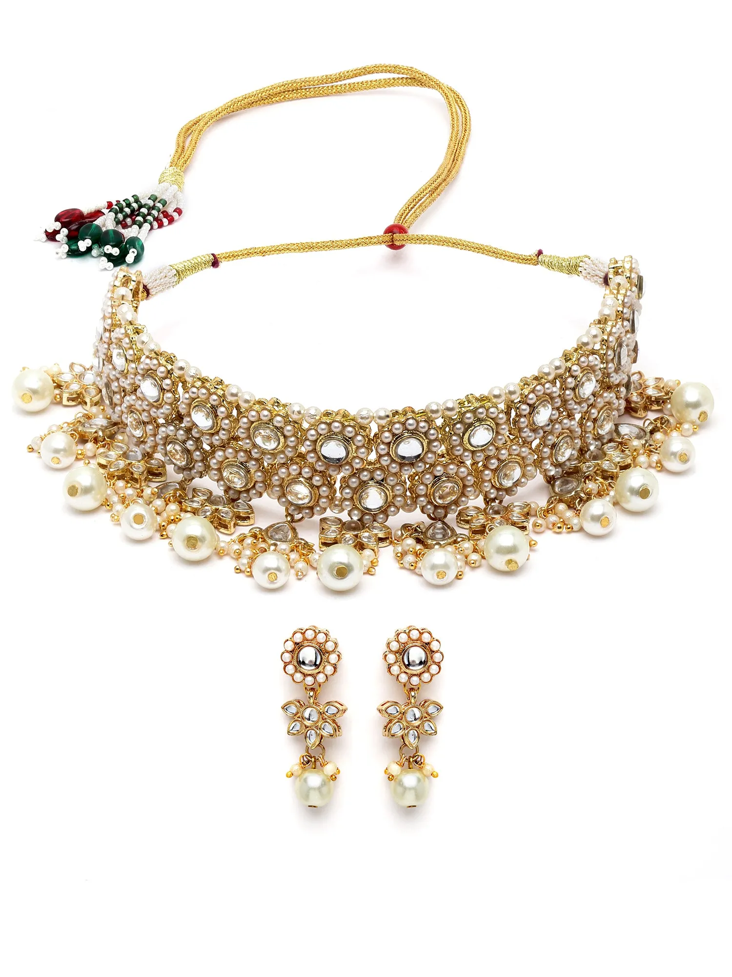 Karatcart Gold Plated Pearl and Kundan Studded Choker Necklace Set for Women