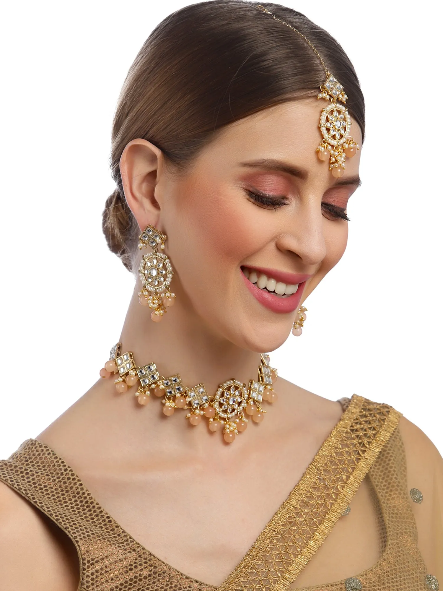 Karatcart Gold Plated Square Shape Peach Beads Choker Necklace Set