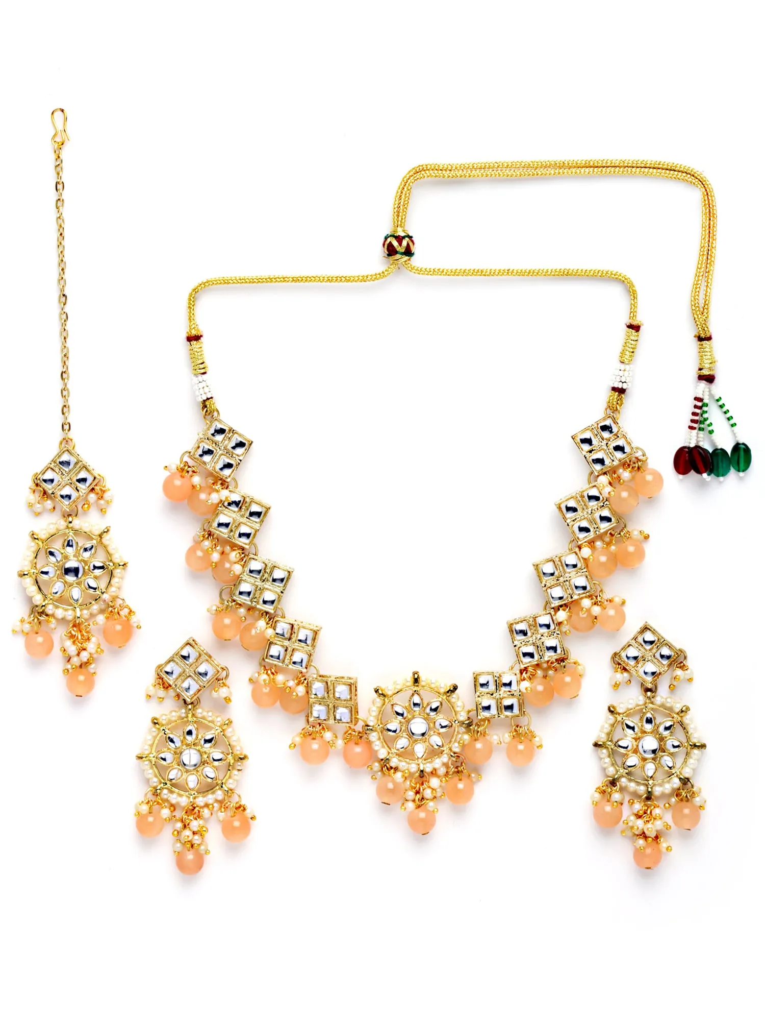 Karatcart Gold Plated Square Shape Peach Beads Choker Necklace Set