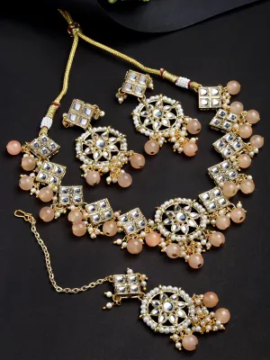Karatcart Gold Plated Square Shape Peach Beads Choker Necklace Set