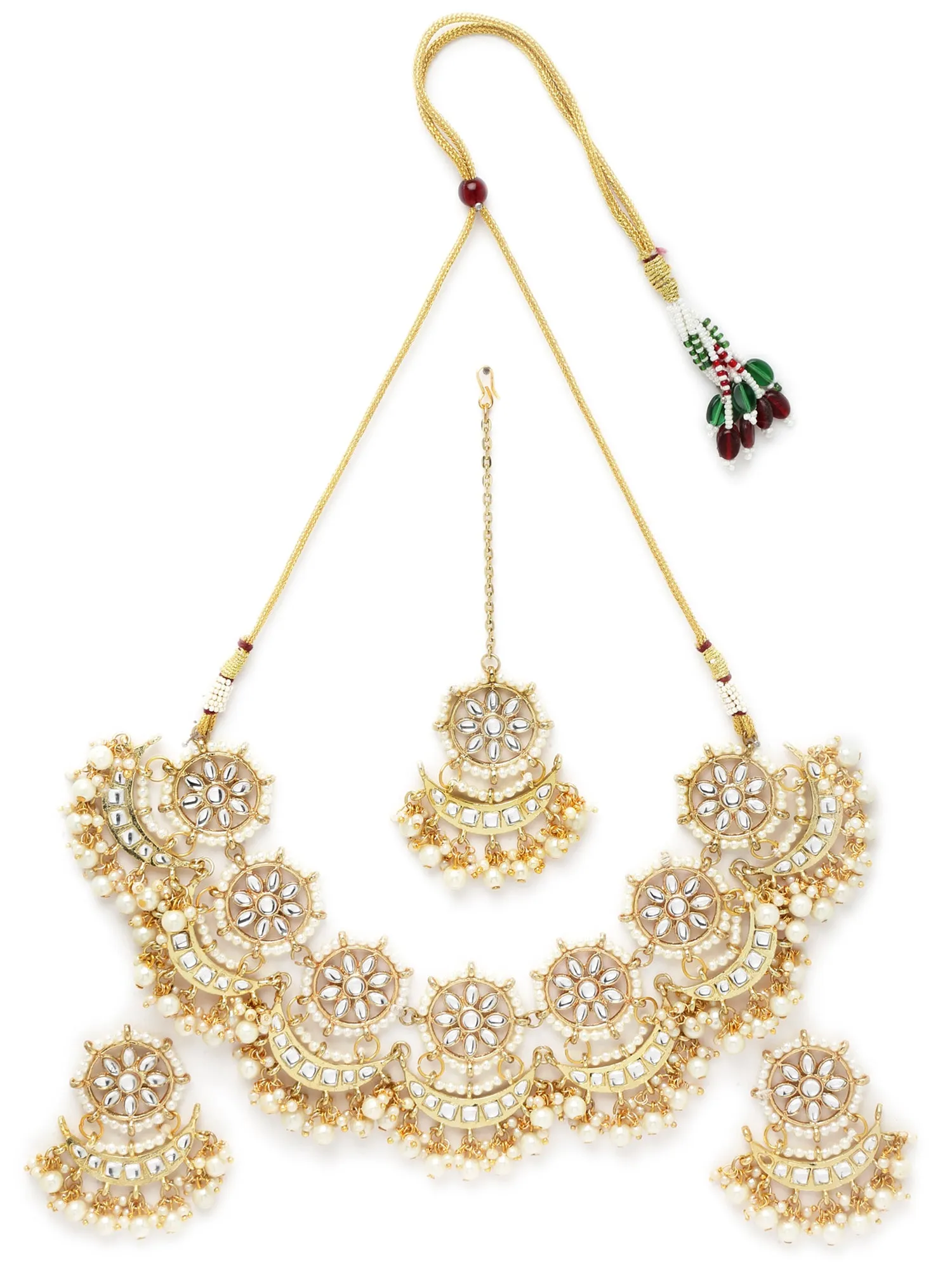 Karatcart Gold Plated white Plearl Chand Shape Kundan Necklace Set