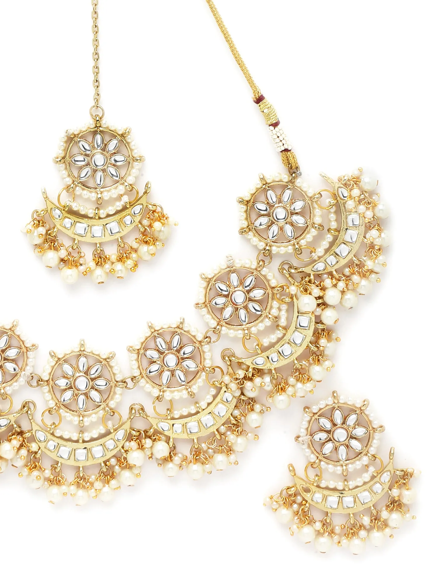 Karatcart Gold Plated white Plearl Chand Shape Kundan Necklace Set