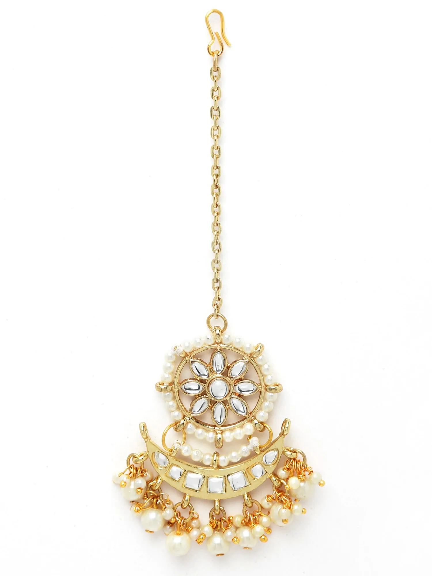 Karatcart Gold Plated white Plearl Chand Shape Kundan Necklace Set