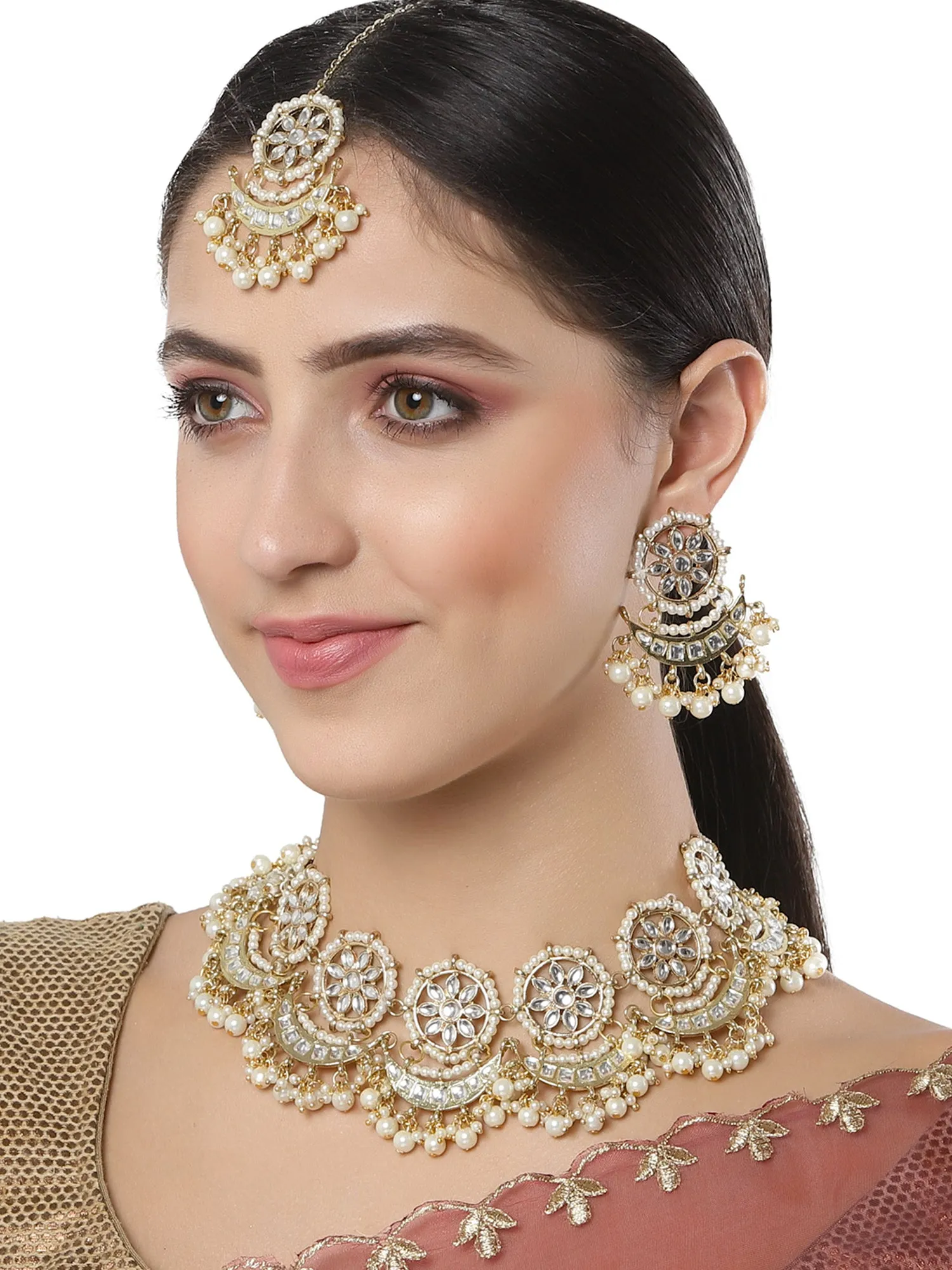 Karatcart Gold Plated white Plearl Chand Shape Kundan Necklace Set