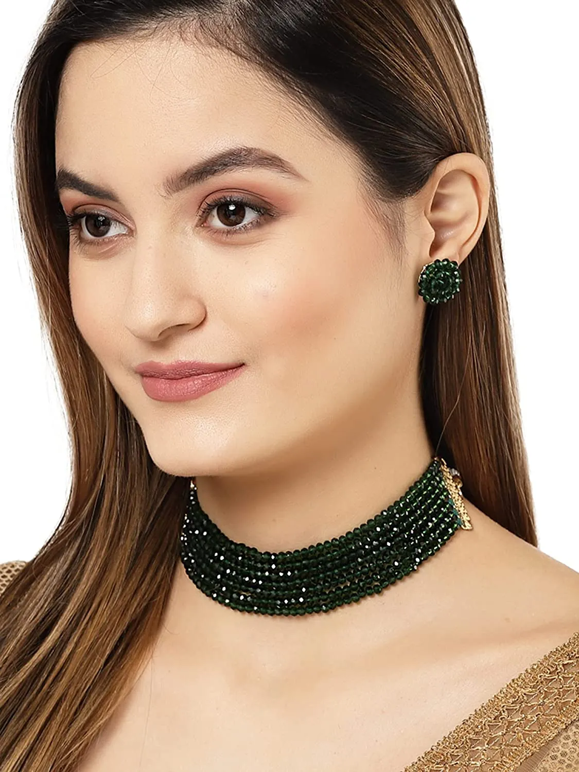 Karatcart Green Crystal Beaded Choker Necklace Setfor Women