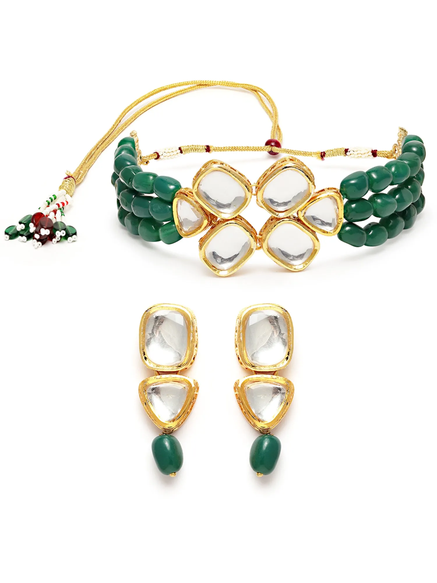 Karatcart Green Tumble Polki Choker Necklace Set for Women