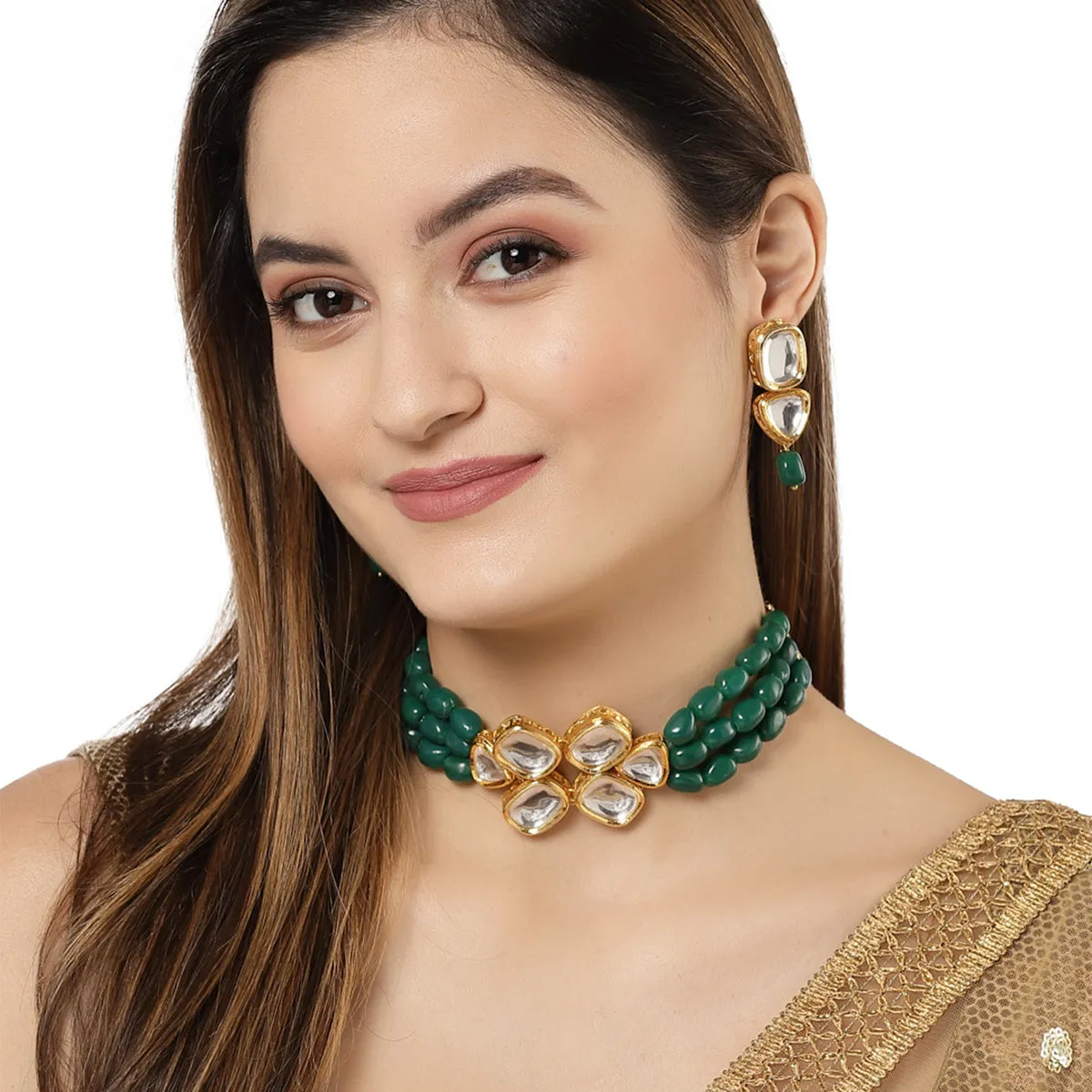 Karatcart Green Tumble Polki Choker Necklace Set for Women
