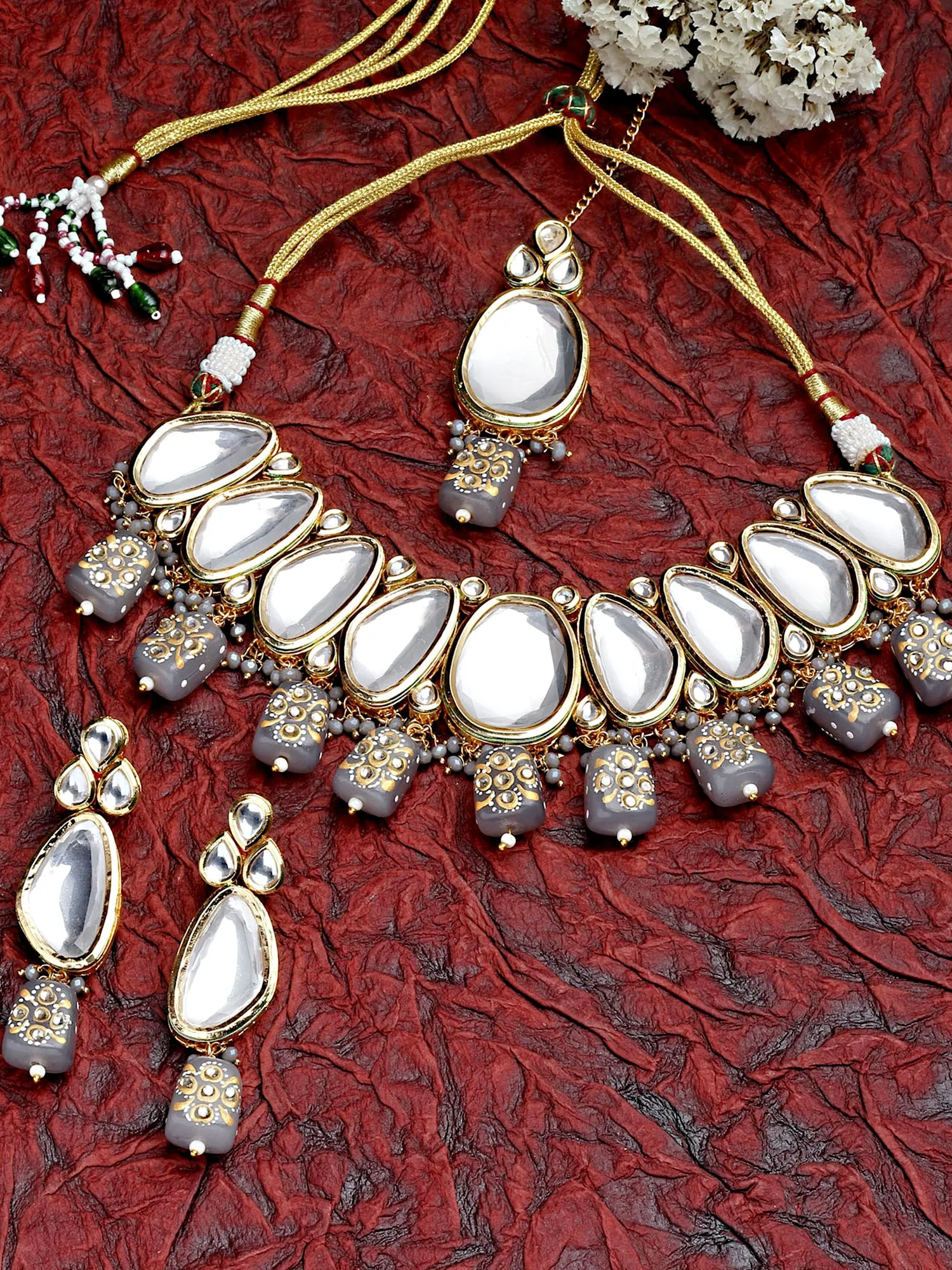 Karatcart Grey Tumble Studded Polki Kundan Choker Necklace Set For Women