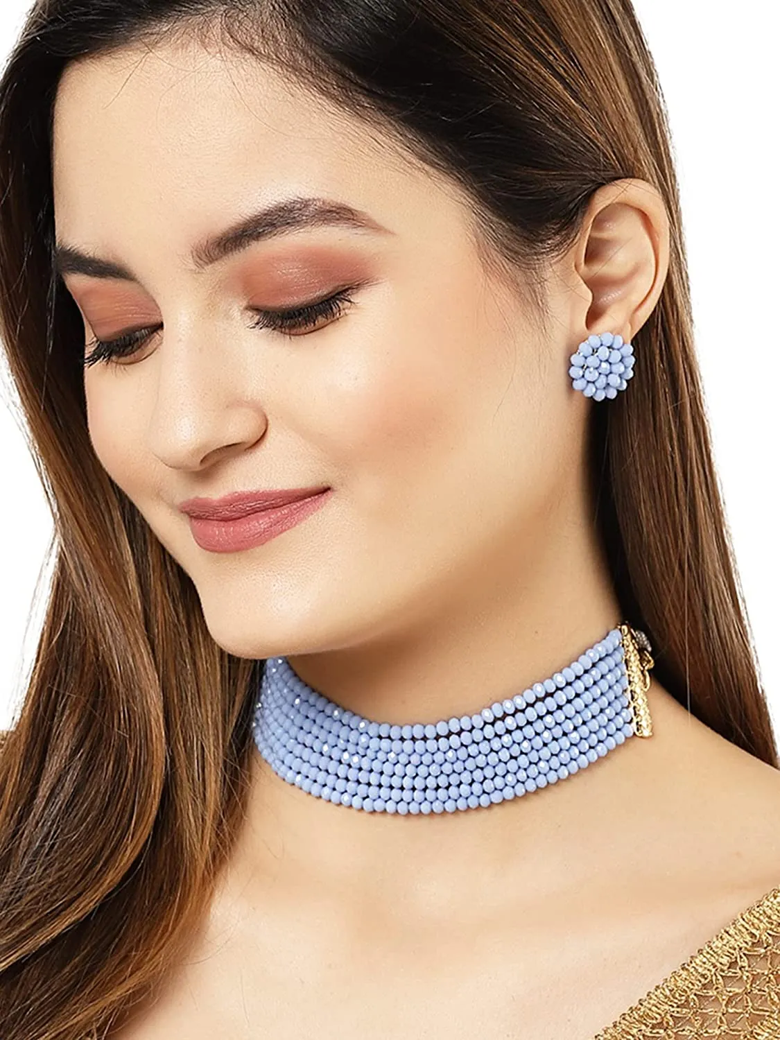 Karatcart Light Blue Crystal Beaded Choker Necklace Setfor Women
