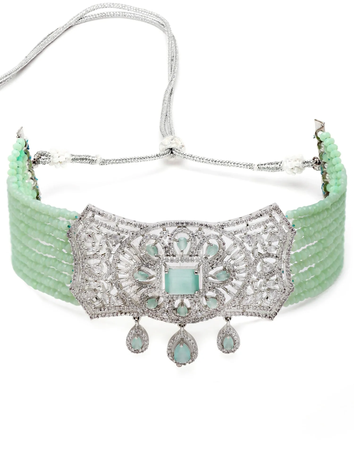 Karatcart Light Green Crystal Beaded American Diamond Choker Necklace Set for Women