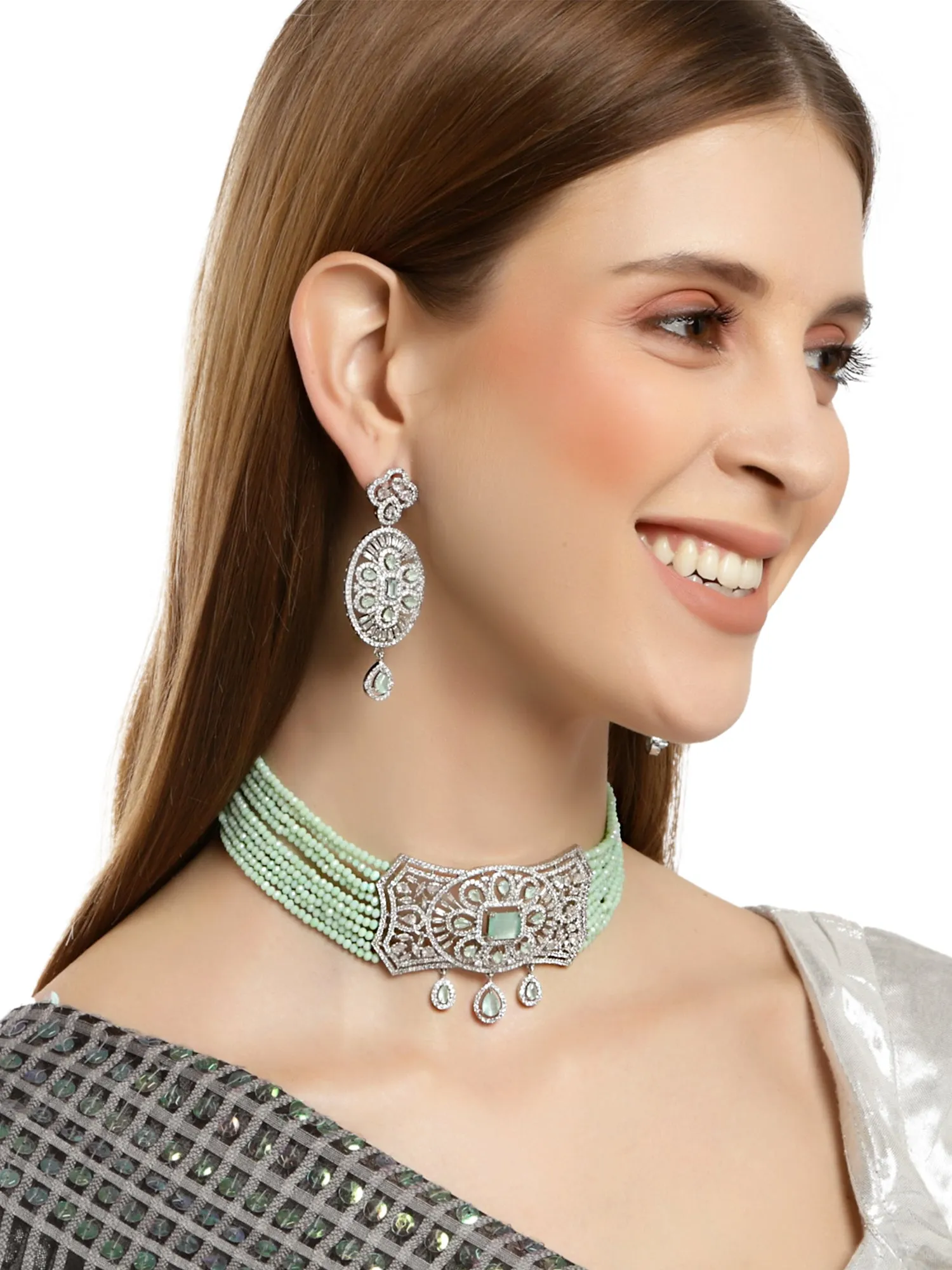 Karatcart Light Green Crystal Beaded American Diamond Choker Necklace Set for Women