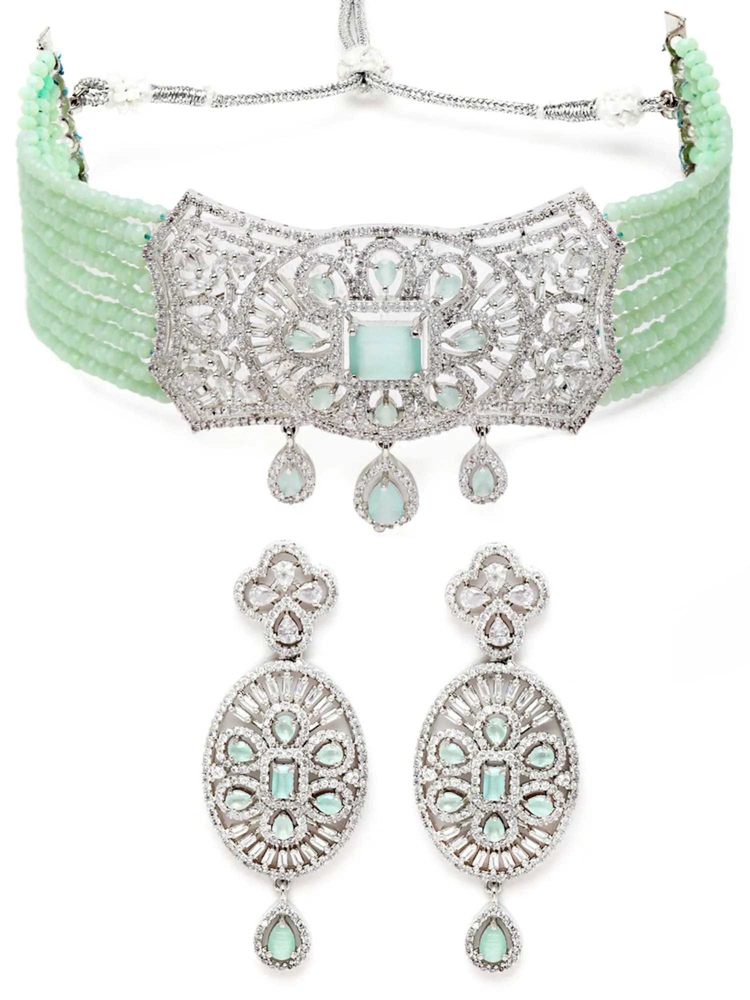 Karatcart Light Green Crystal Beaded American Diamond Choker Necklace Set for Women