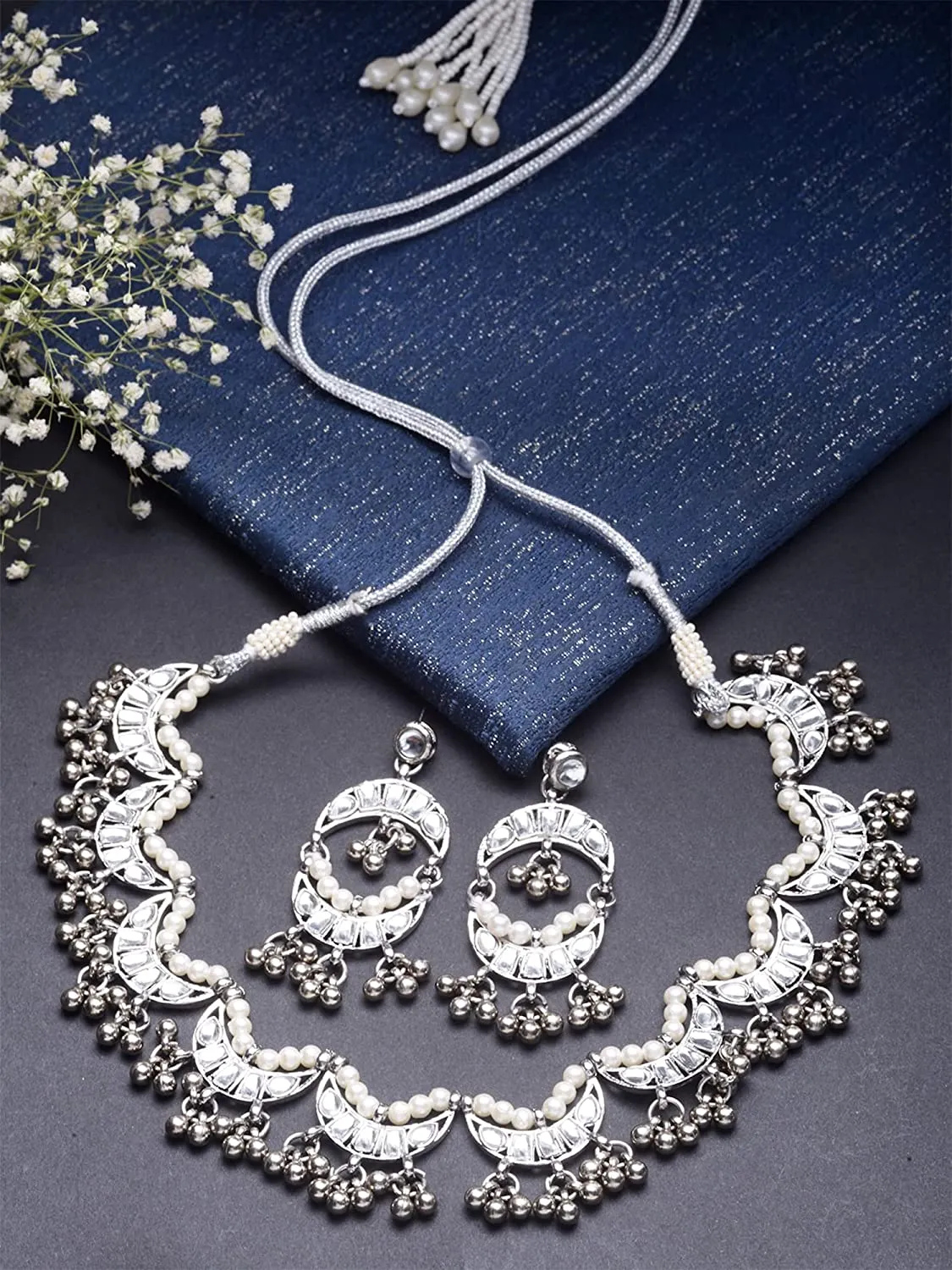 Karatcart Oxidised Silver Moon Shape Necklace Setfor Women