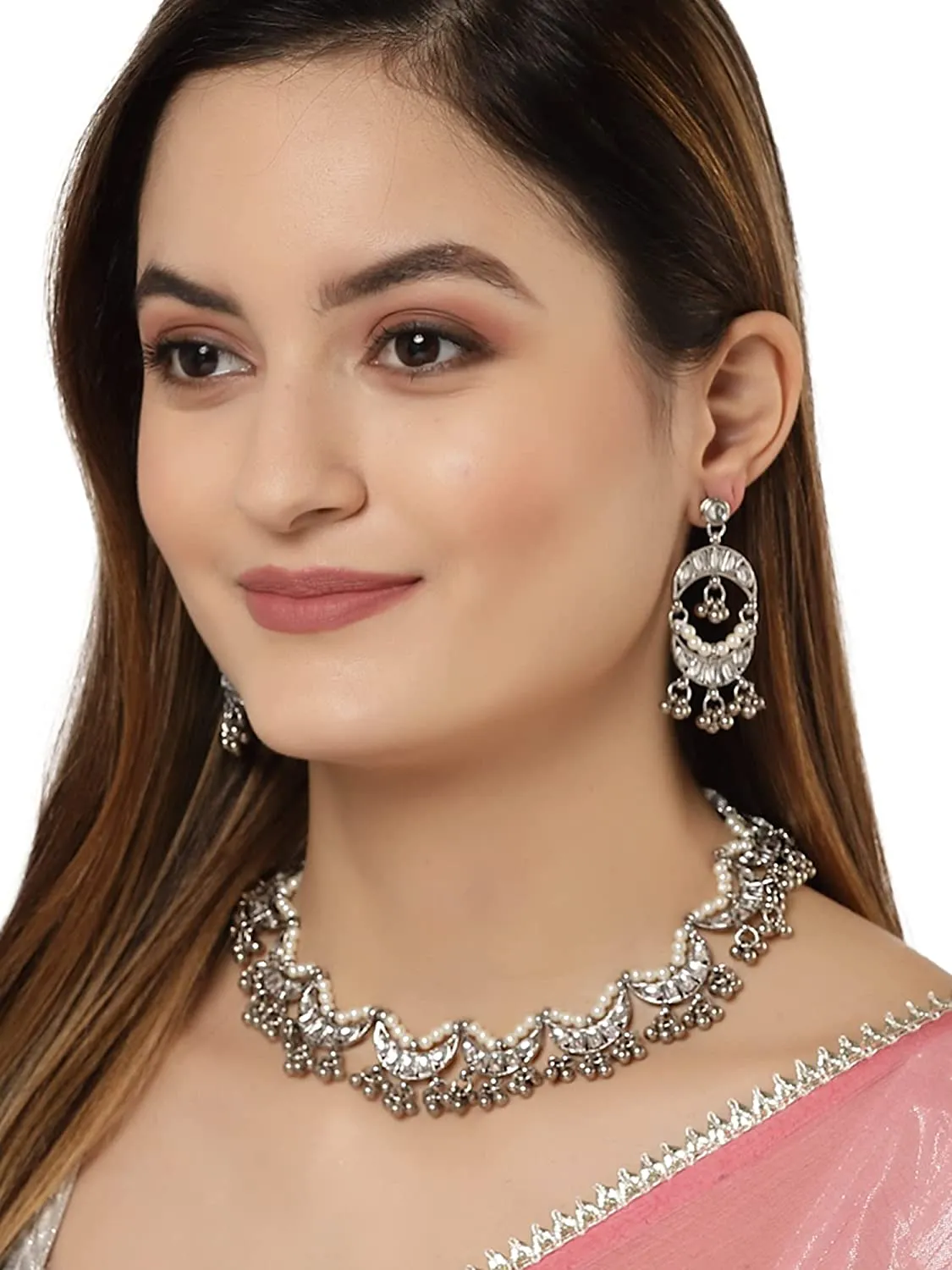 Karatcart Oxidised Silver Moon Shape Necklace Setfor Women