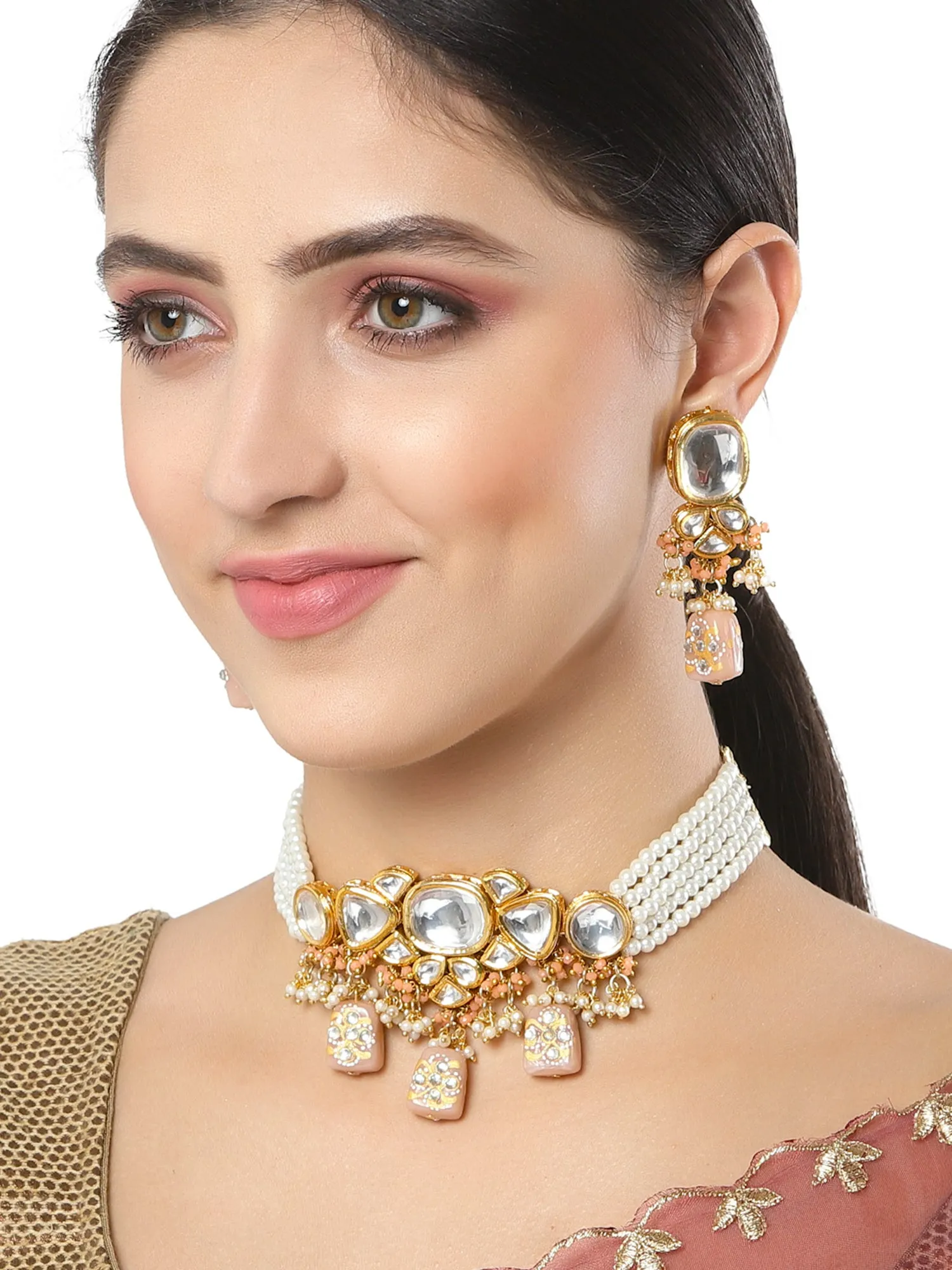 Karatcart Peach Designer Tumble Polki Kundan Necklace Set