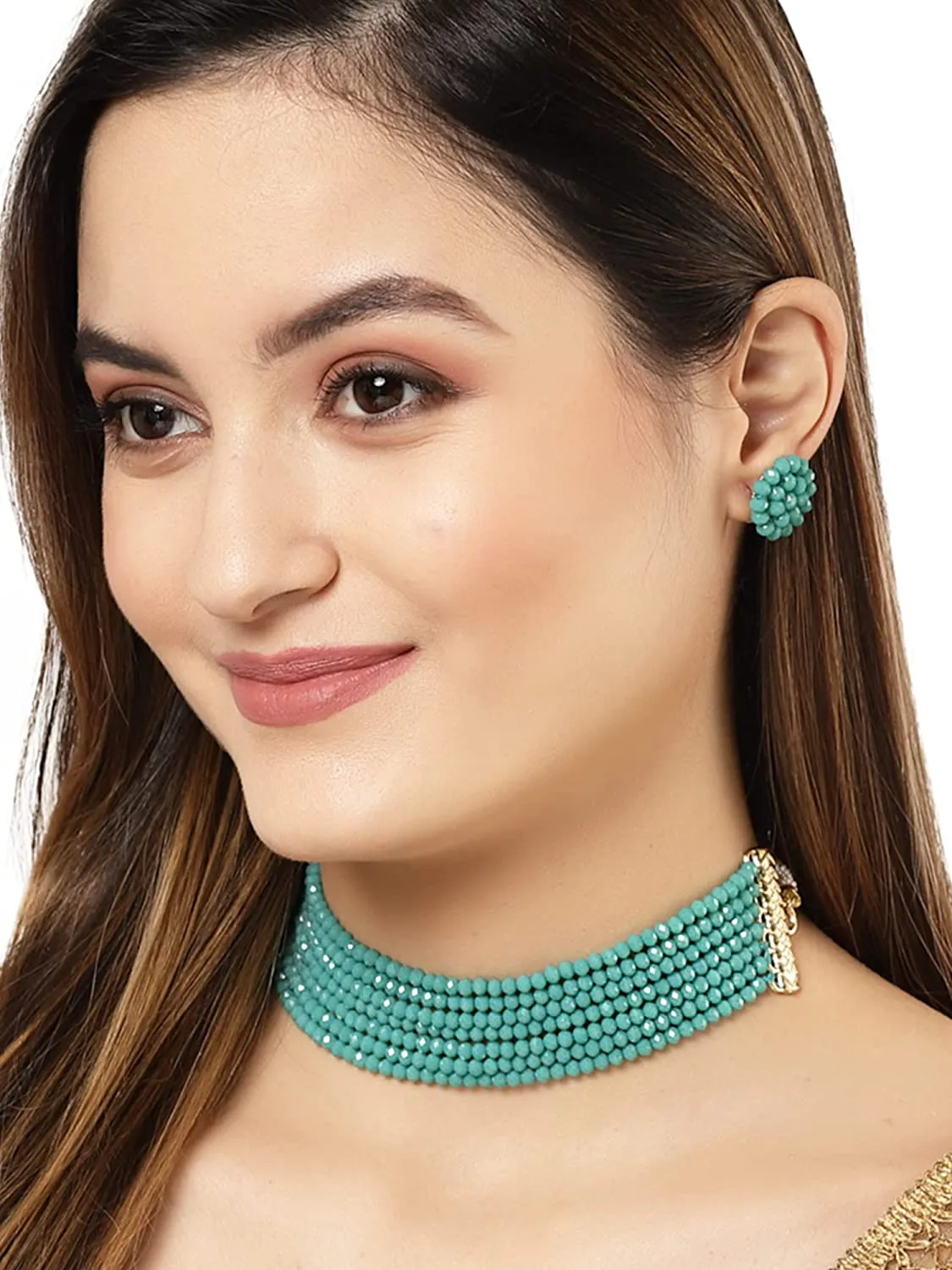 Karatcart Turquoise Crystal Beaded Choker Necklace Setfor Women
