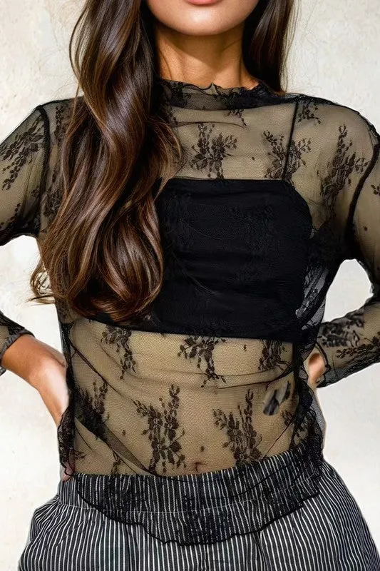 Lace Sheer Mesh Top: Black