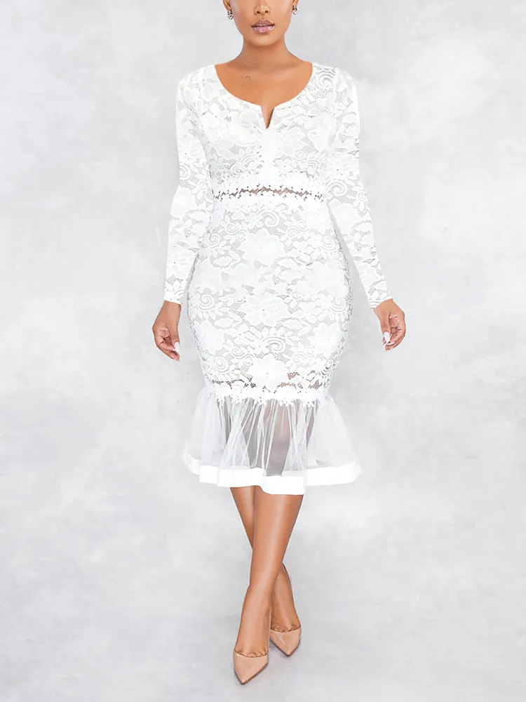 Lace Zipper Fishtail Midi Dress