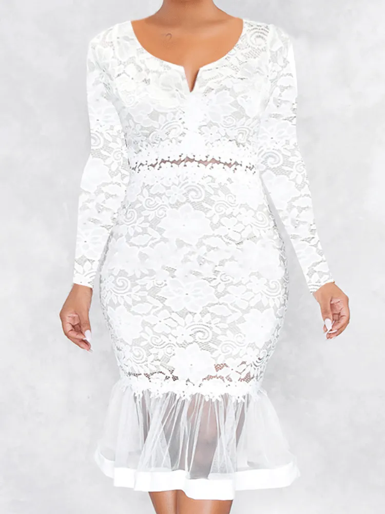 Lace Zipper Fishtail Midi Dress