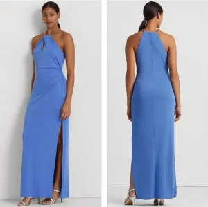Lauren Ralph Lauren LRL Blue Jersey Gold Chain Halter Neck Formal Gown Size 10