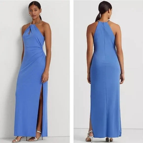 Lauren Ralph Lauren LRL Blue Jersey Gold Chain Halter Neck Formal Gown Size 10