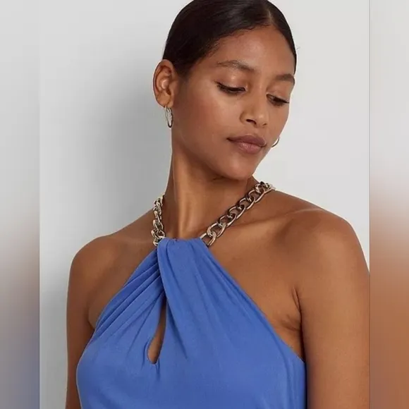 Lauren Ralph Lauren LRL Blue Jersey Gold Chain Halter Neck Formal Gown Size 10