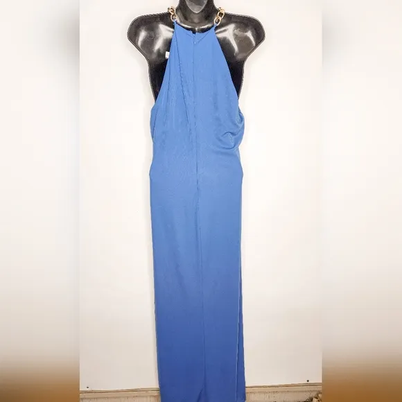 Lauren Ralph Lauren LRL Blue Jersey Gold Chain Halter Neck Formal Gown Size 10
