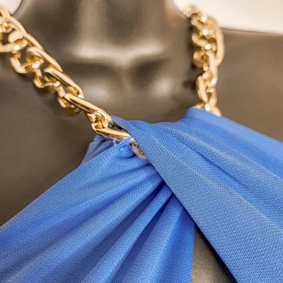 Lauren Ralph Lauren LRL Blue Jersey Gold Chain Halter Neck Formal Gown Size 10