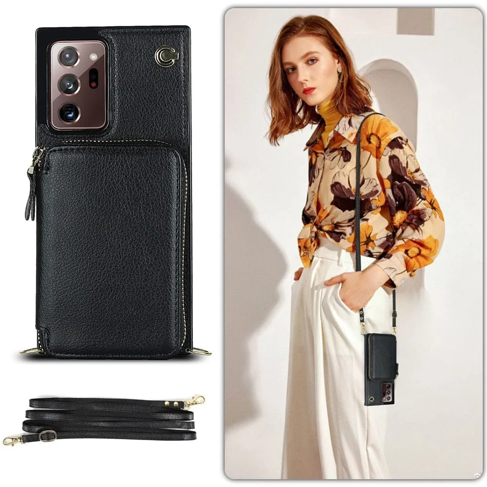 Leather Wallet Case With Lanyard For Samsung Note