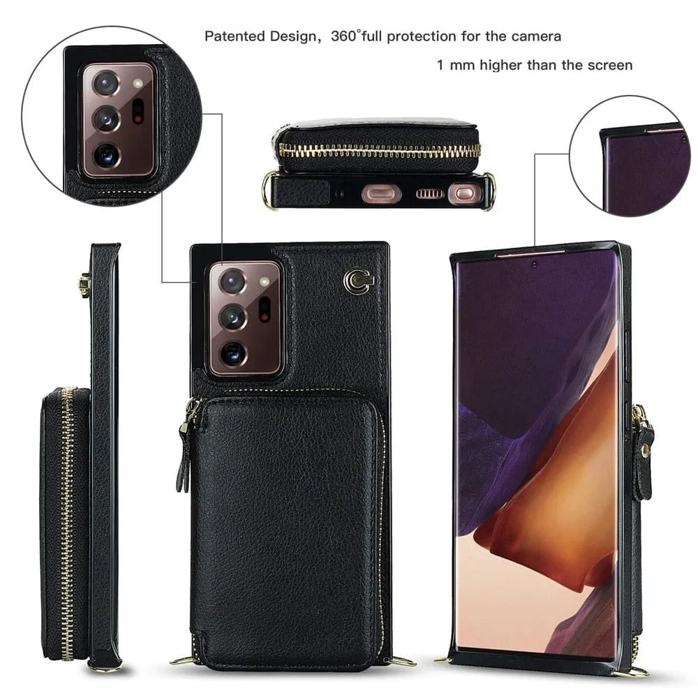 Leather Wallet Case With Lanyard For Samsung Note