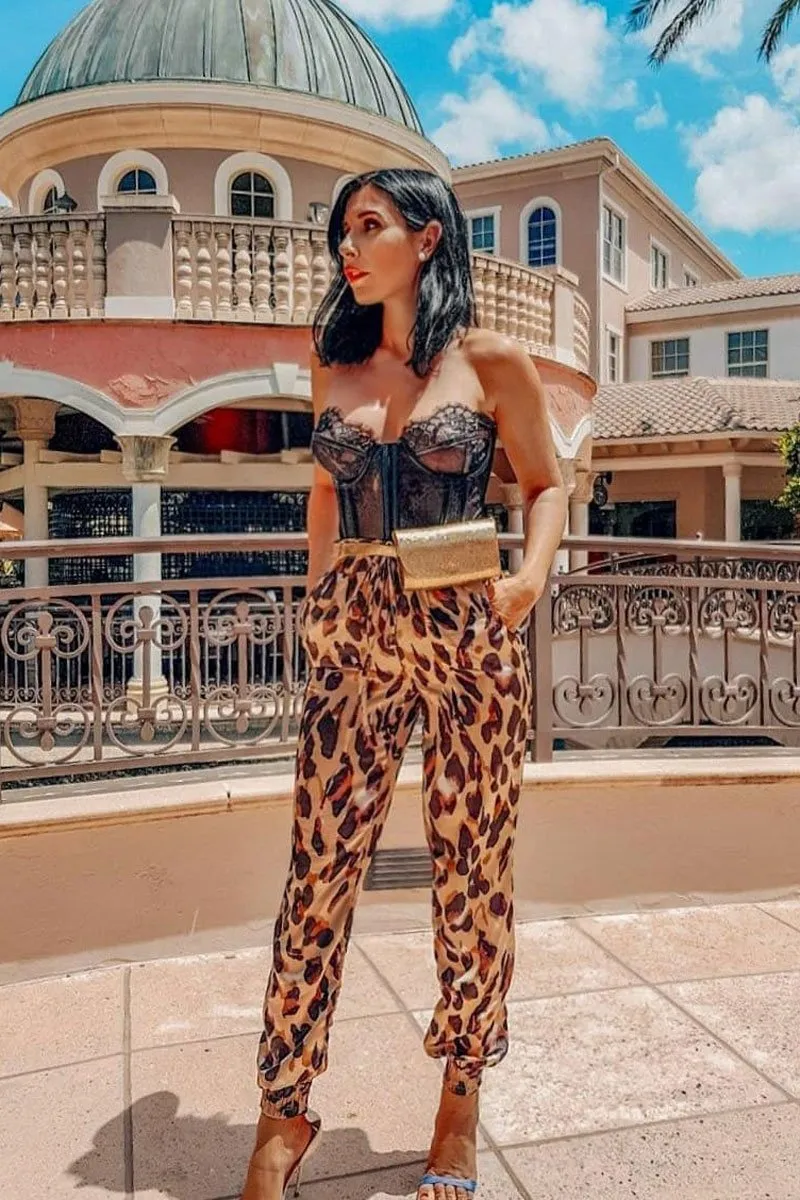 Leopard Satin Drawstring Cuff Joggers - Kaelie