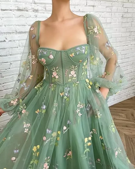 Long Sleeve Prom Dresses Flowers Embroidery Tulle Formal Evening Party Gowns