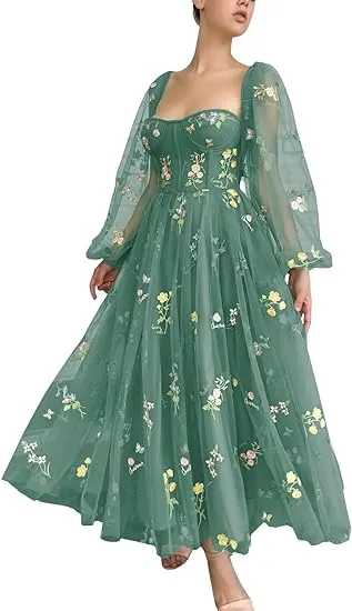 Long Sleeve Prom Dresses Flowers Embroidery Tulle Formal Evening Party Gowns
