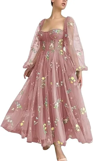 Long Sleeve Prom Dresses Flowers Embroidery Tulle Formal Evening Party Gowns