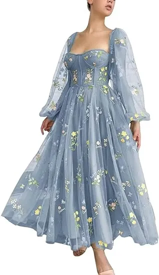 Long Sleeve Prom Dresses Flowers Embroidery Tulle Formal Evening Party Gowns