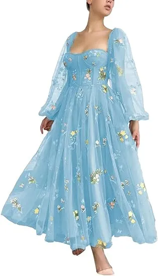 Long Sleeve Prom Dresses Flowers Embroidery Tulle Formal Evening Party Gowns