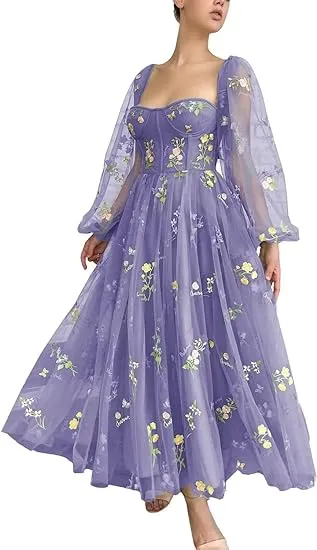 Long Sleeve Prom Dresses Flowers Embroidery Tulle Formal Evening Party Gowns